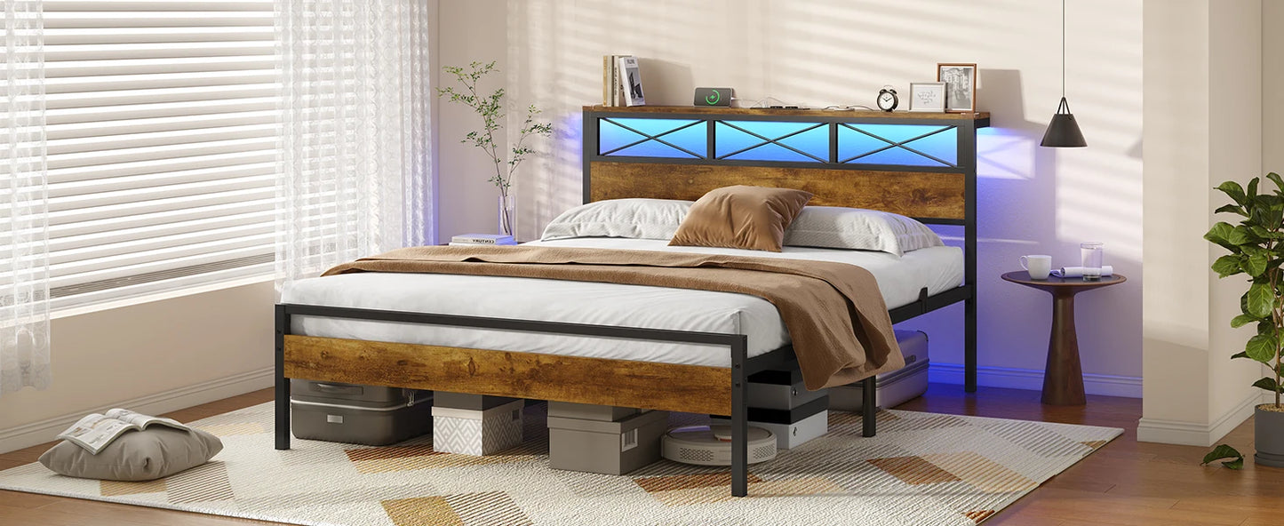 120 x 200 LED-beleuchteter Metallbettrahmen mit Steckdose und USB-Ladefunktion, Holzkopfteil, Stauraumbett B
