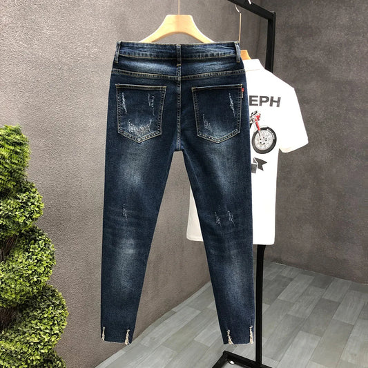 Trendy Unique Holed Men's Jeans Straight Leg Slim Fit Cropped Pants Summer Style Casual Business Fashion Shorts For Men.