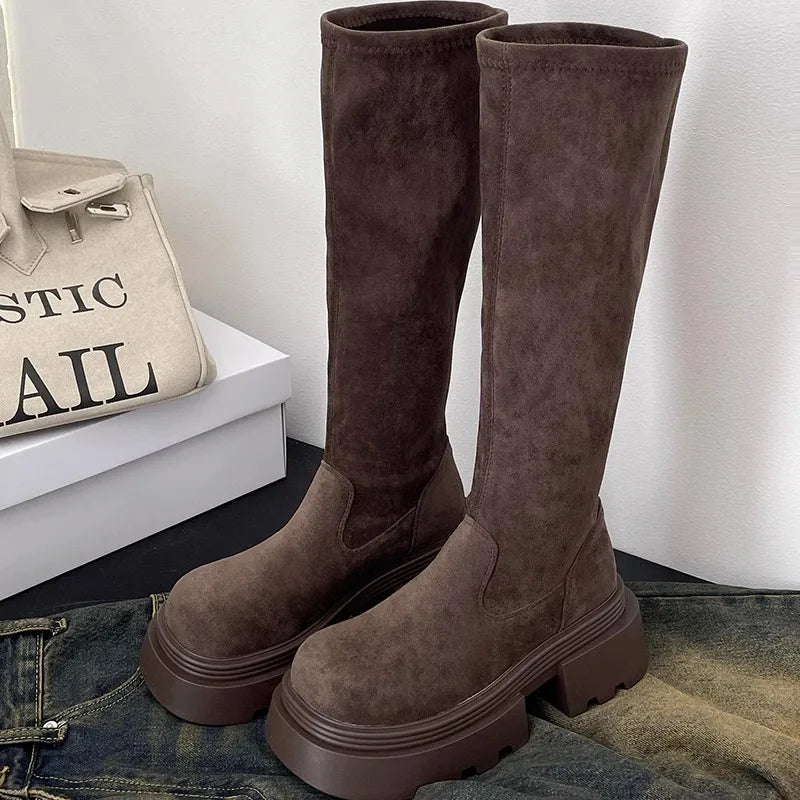 Winter Platform Punk Style Woman Knee High Boot Concise Slip On Elastic Slim Shoes Ladies Thick Bottom Knight Long Booties