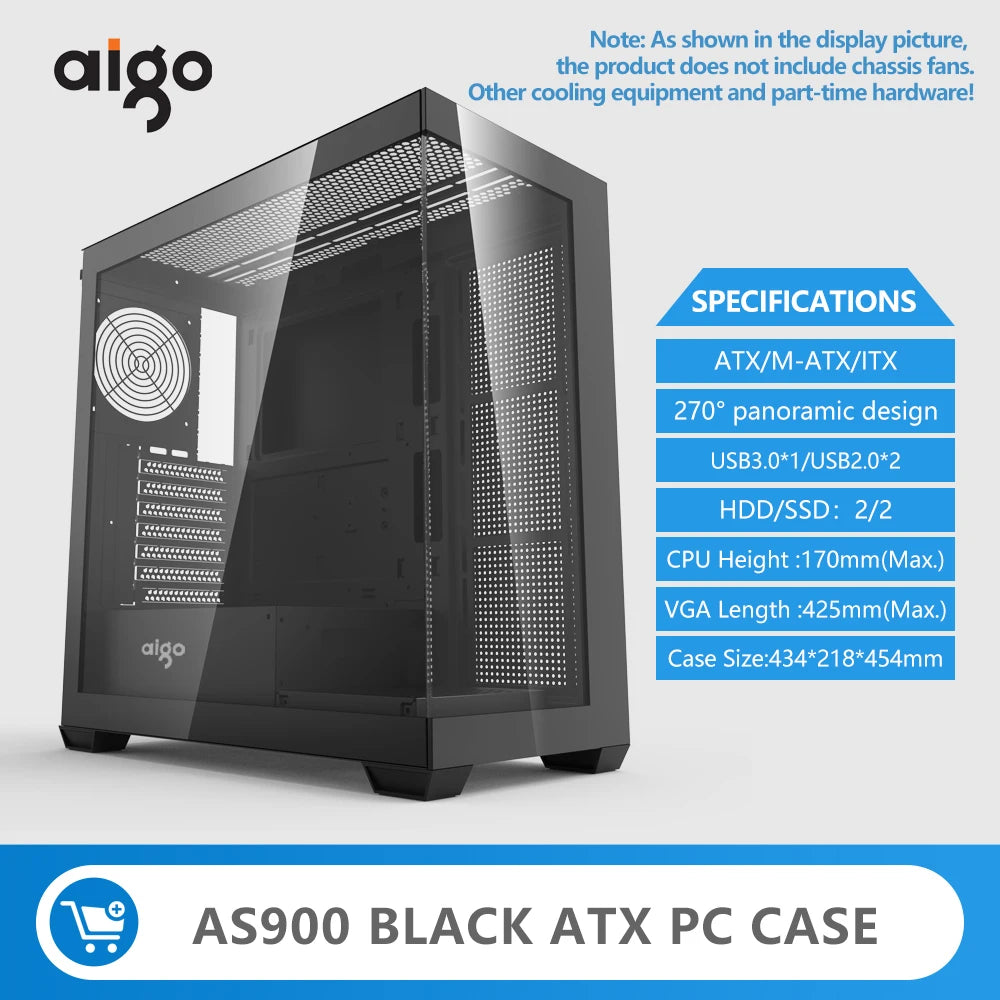 Aigo AS900 PC Case 270° Panoramic Design ATX M-ATX ITX Sea View Room Side Transparent Desktop Chassis Diy Gaming Computer Case