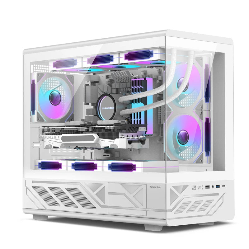 Power Train N5 MATX desktop room with a column-free sea view features a glass side computer case supports 360 water cooling.