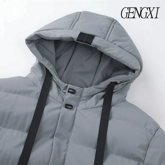 New Winter Men's Mid-Length Cotton-Lined Coat Business-Casual Windproof Warmth Fashionable Hooded Jacket Stylish Menswear.