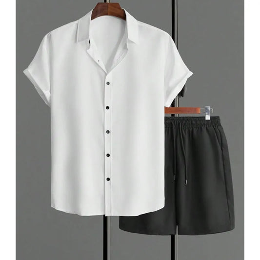 Einfaches einfarbiges Hawaii-Hemd für Herren, Sommer-Trend, kurzärmelige Shorts, 2-teilig, täglich, lässig, Shorts, Top-Anzug, modisch, übergroß.