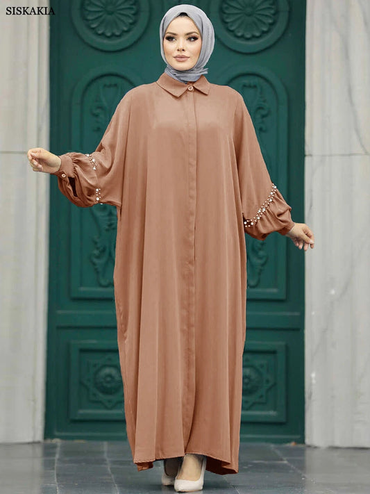 Siskakia Solid Muslim Woman Elegant Beaded Cardigan Long Dress With Loose Batwing Sleeve Moroccan Dubai Saudi Kebaya Robe 2024.