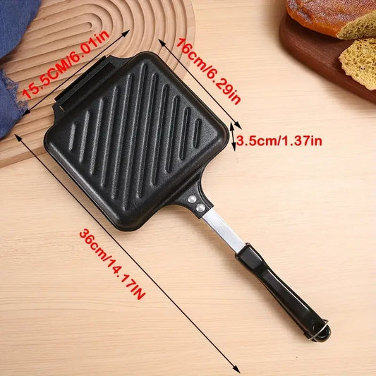 Non-Stick Camping Sandwich Panini Maker with Handle, Double Sided Frying Pan Detachable Grilled Sandwich Flip Pan.