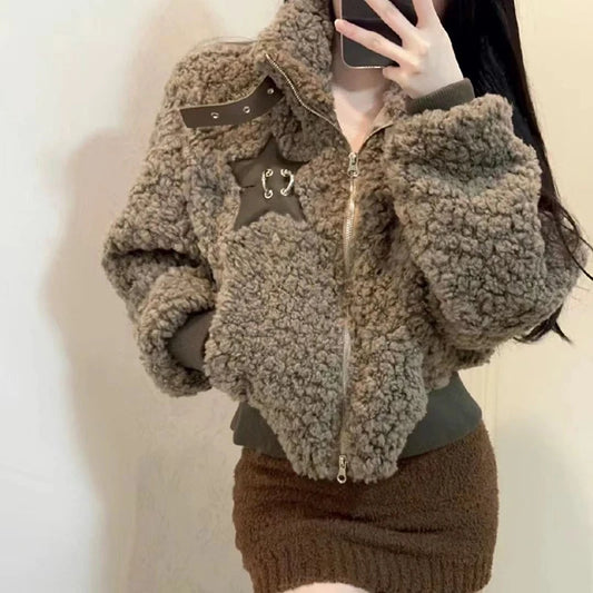 Winter Lamm Wolle Vintage Jacke Frauen Stehen Kragen Faul Wind Casual Zipper Mäntel Langarm 3D Dekoration Lose Geerntete Jacken.