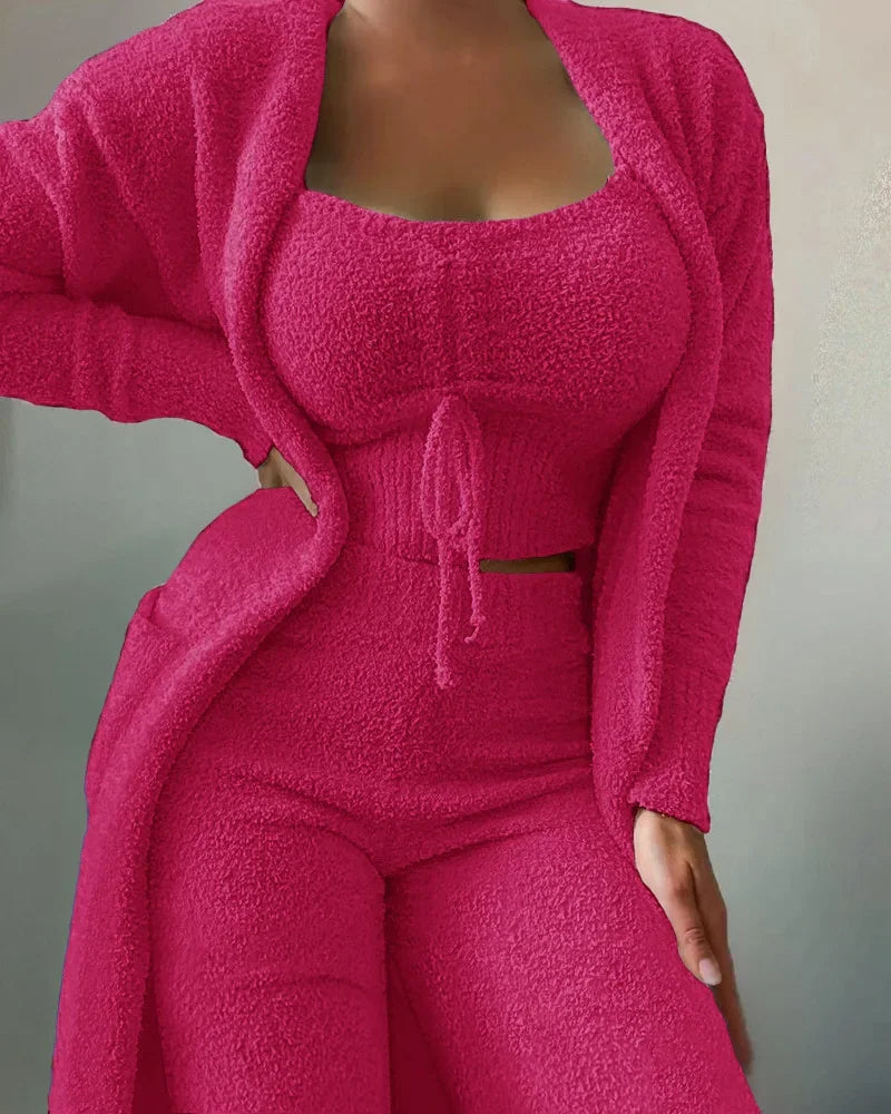 Women's Winter New Fashion Plush Pajamas Three-piece Set,Halter Short Top+high-waisted Straight-leg Pants+long Cardigan Jacket.