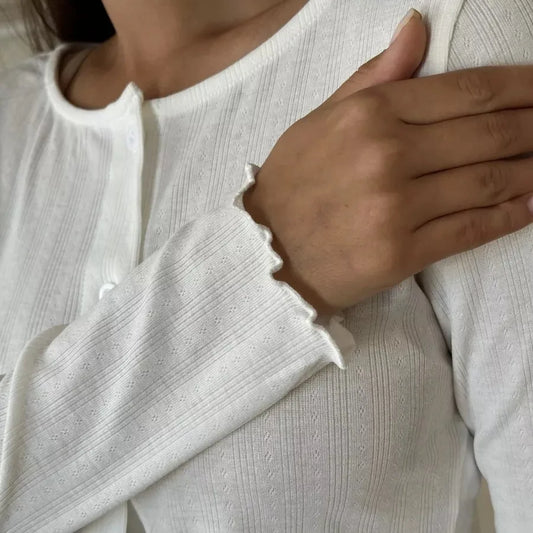 Spring and Autumn New Ladies Sexy Pajamas Homewear Suit Knitted Design Sense Containing Cotton Long-Sleeved Long Pants Suit.