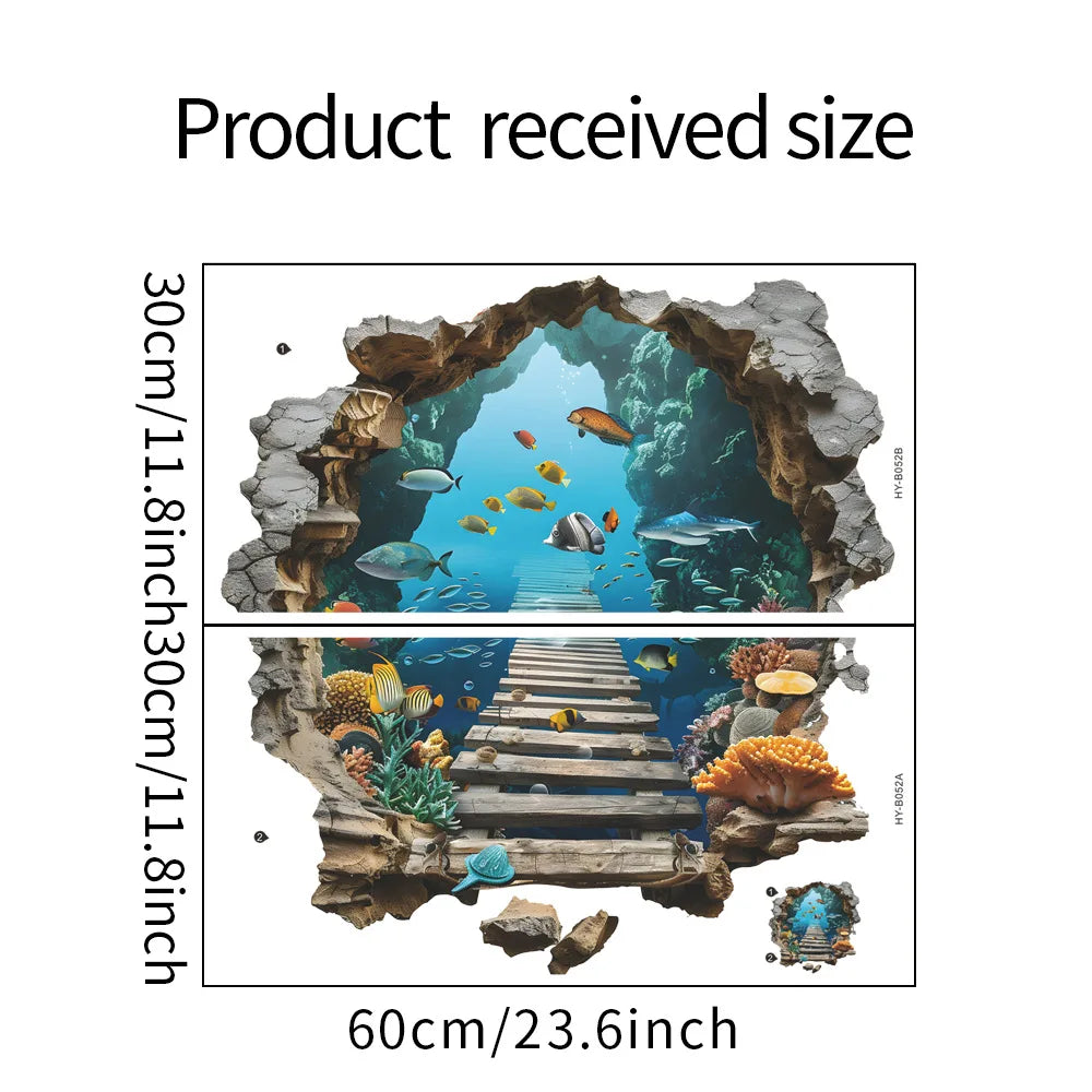 Sea View Mural Seabed Fish Shark 3D PVC Broken Wall Art Stickers Home Decoration for Room Ceiling Poster Floor Wallpaper.