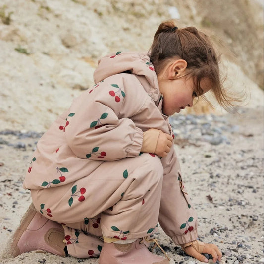 Konges Slojd 2025 Winter Baby Girls Cherry Hooded Ski Jackets Overalls Suits Sets Girls Waterproof Windproof Cold Resistant Coat.