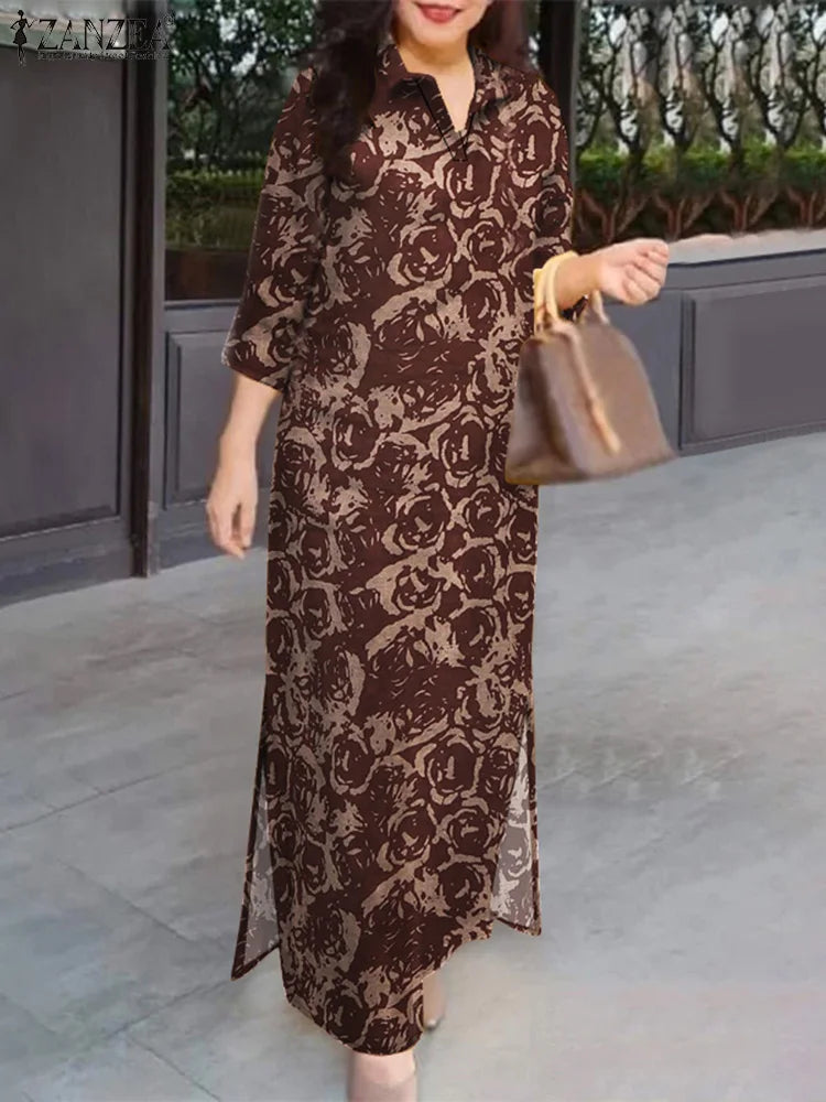 ZANZEA Blumendruck, lässig, lang, Vestidos, reine Baumwolle, Vintage-Stil, Schlitz am Saum, 2024, Herbst-Hemdkleid, 3/4-Ärmel, Damen-Urlaubs-Maxikleid.