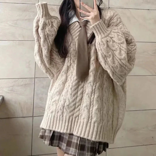 Herbst Winter Frauen Pullover Harajuku Übergroßen Gestrickte Pullover Koreanische Langarm V-ausschnitt Strickwaren Preppy Solide Lose Jumper.
