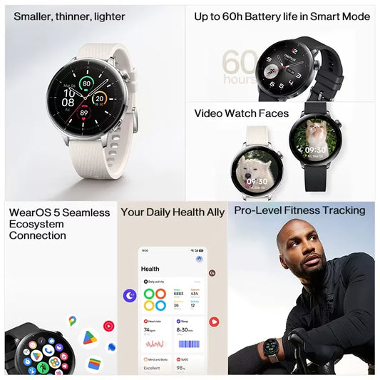OnePlus Watch 3 43mm Smartwatch 1.32 inches AMOLED Display Snapdragon W5 Gen 1,7 days Battery Bluetooth 5.2 NFC Google Wallet,SpO2,Sleep Blood Oxygen,Heart rate tracking,100+ original watch faces and Google play.