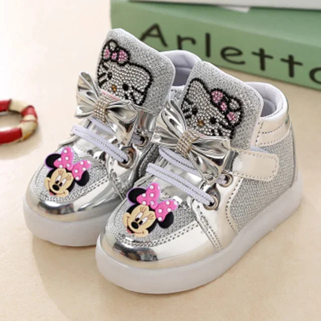 Disney Minnie girl children's sports shoes flashing shoes cartoon LED casual shoes.