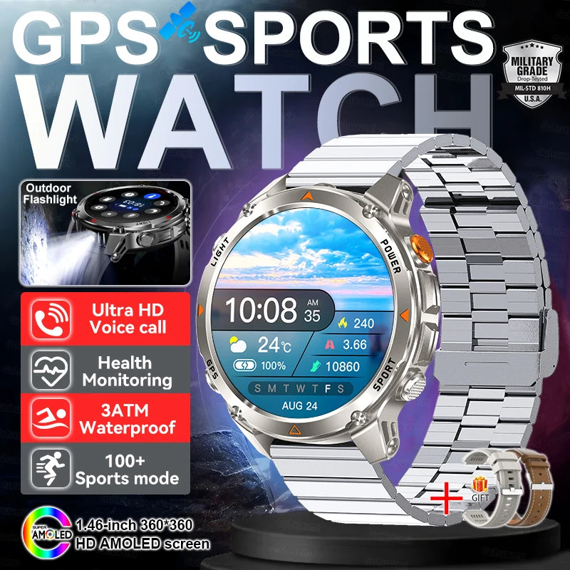 Outdoor Military GPS Smartwatch For Men Build in Dual Band GNSS Compass Altitude 3ATM Waterproof Swimming Smart Watch Women 2025