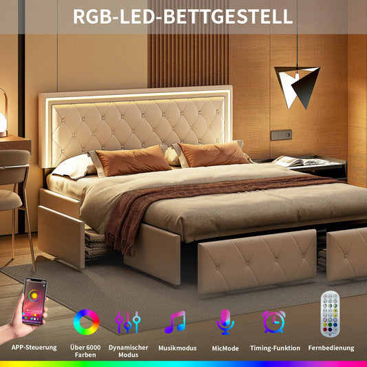 Lazyspace PU-Polsterbett, weißes Einzel- und Doppelbett mit Lattenrost, Holz, mit 4 Schubladen und LED-Kopfteil