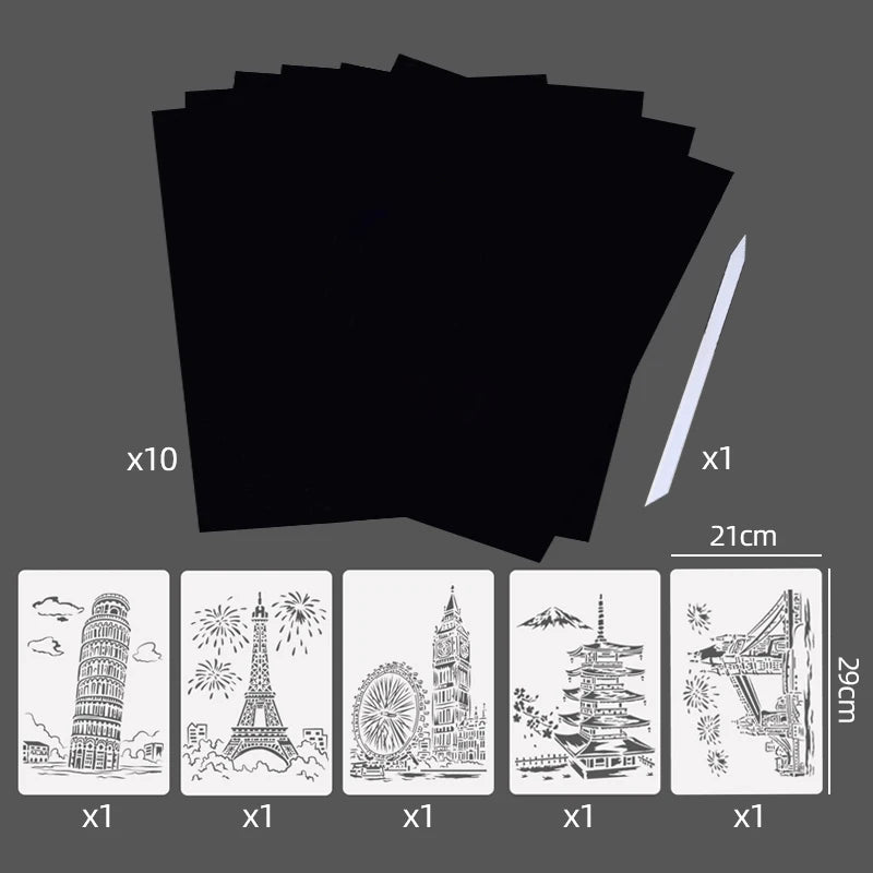 Scratch Art Paper Set 10 Sheets 5 Stencil Templates World Landmarks Animal DIY Kit Creative Painting Craft Magic Toy Kids Gift