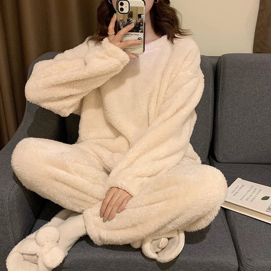 Winter Fleece Women Pajamas Set Sleepwear Solid Velvet 2 Piece Pant Home Suit Fluffy Casual Warm Flannel Night Wear.