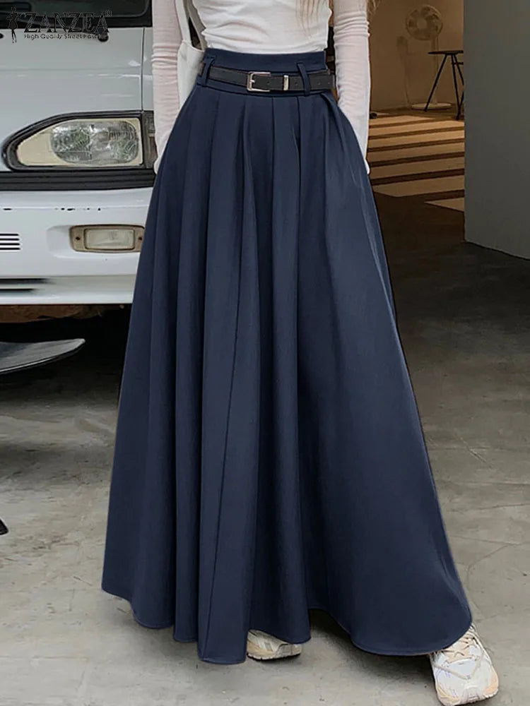 ZANZEA Women High Waist Jupe 2025 Autumn Vintage Office Falda Korean Fashion Pleating Swing Skirt Holiday Loose Solid Maxi Skirt