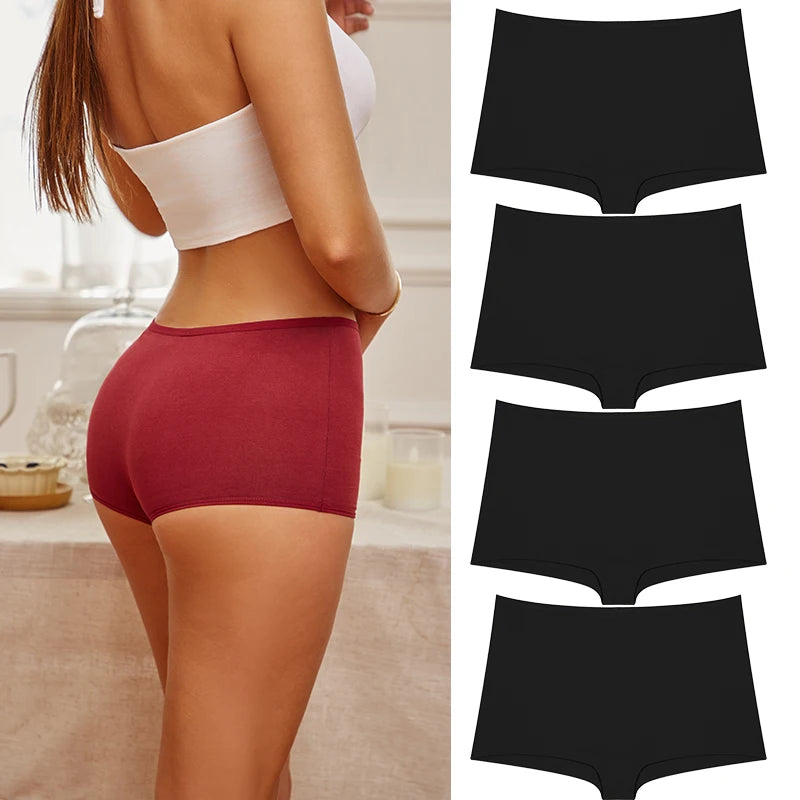 4PCS/Set Women Cotton Panties Sexy Low Rise Boyshorts Seamless Sports Boxers Female Comfortable Underwear Solid Color Lingerie.