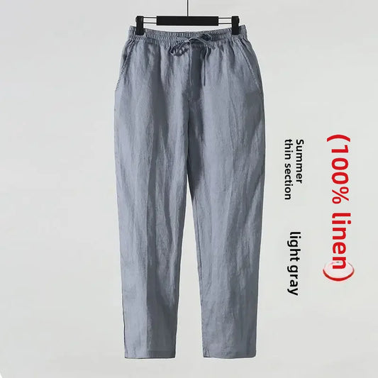 Casual Men's Linen Pants Loose Fit Cotton Linen 3/4 Length Pants Chinese Style Men's Material.