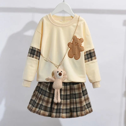 3-14 Years Teenager Girls Outfits Cute Bear Sweatshirt + Plaid Skirt 2Pcs Suit For Girls Birthday Present Children Clothing Sets.