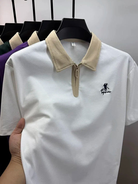 Luxury brand short sleeve polo shirt men's fashion Pony embroidered summer trendy breathable casual color blocked lapel T-shirt.