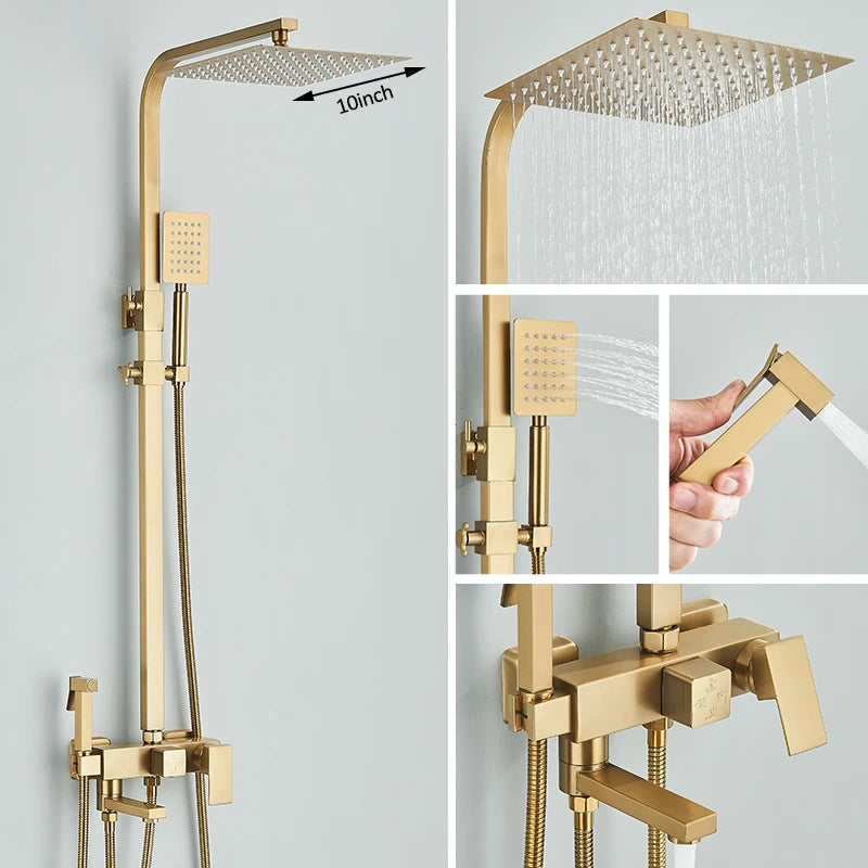 4 in 1 Gold Brushed Shower System Rainfall Shower Hot Cold Water Mixer With Bidet Faucet Bath Shower Faucet For Bathroom