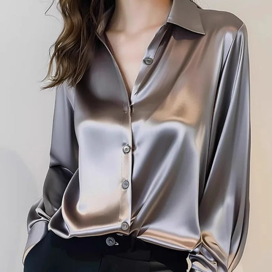 2025 Summer Women's Satin Shirts Elegant Plain Long Sleeve Blouse Office Lady Button-Up Shirt Top Female Shirts Blouse Autumn.