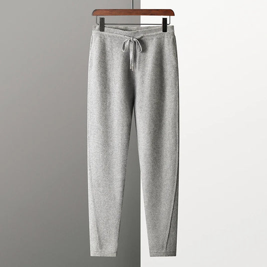 Thickened Four-Point Split Wear-Resistant 100% Cashmere Knitted Pants for Men with Pockets Elastic Waist Drawstring Slim Pants.