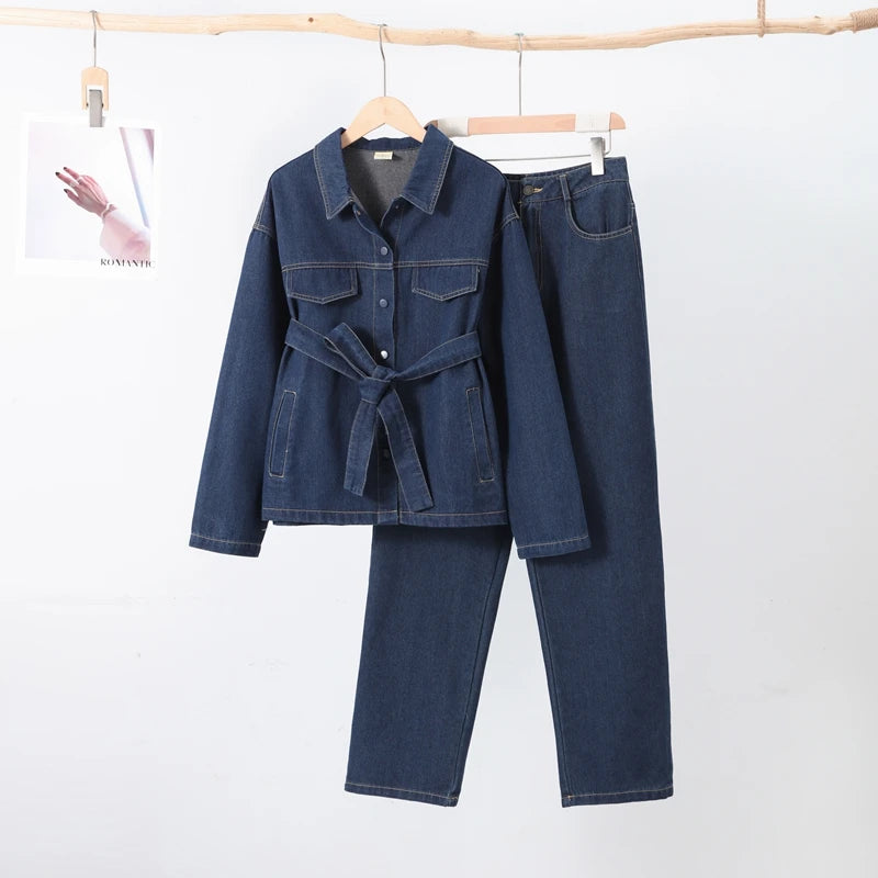 Retro Classic Denim Jacket Pants 2pcs Set Strap Coat Women Straight Leg Pants Autumn Stylish Women's Casual Suit
