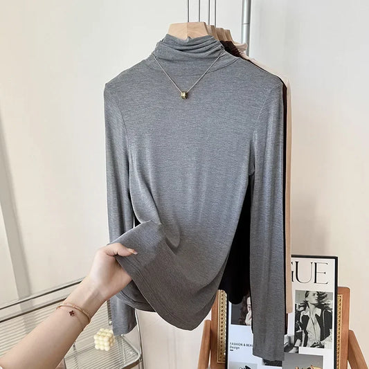 Yuyue Women's High-necked High Strecth Bottoming Shirt Old Money Style Silk Pile Collar Base Top Contain Mulberry Silk and Wool.