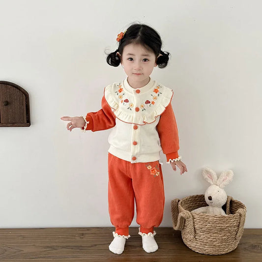 Kawaii Baby Mädchen Kleidung Pilz Sets Herbst Infant Rüschen Kragen Langarm Top Hosen Zwei-Stück Neugeborenen Baumwolle Outfit.
