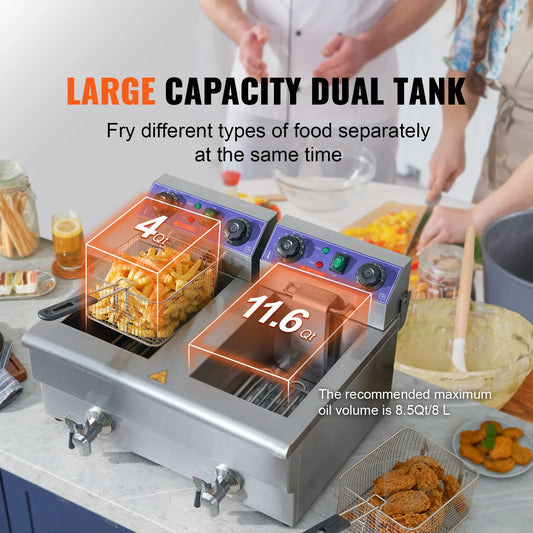 SucceBuy Commercial Electric Deep Fryer w/Dual Tanks 12L 3000W Stainless Steel Countertop Fryer for Fried Chicken French Fries.