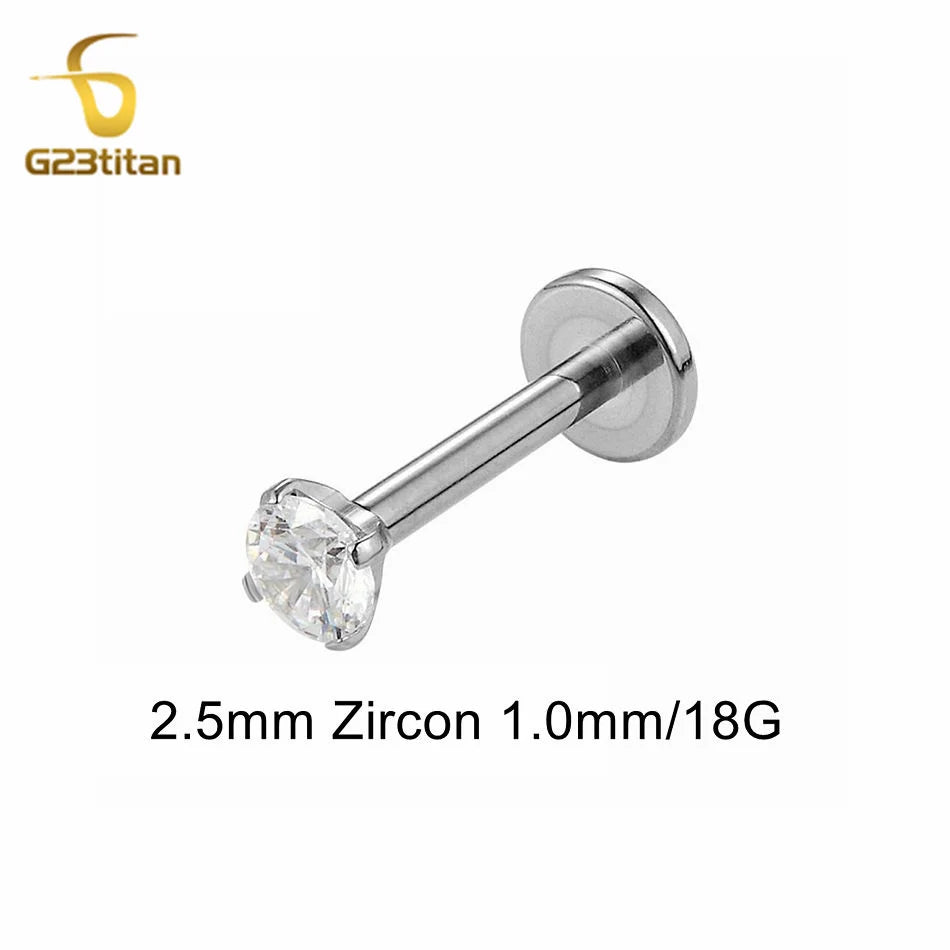 16G 18G Titanium Labret Stud Lip Ring Ear Helix Conch Trage Earring 2-4mm Zircon 0.9mm Internally Threaded Body Piercing Jewelry