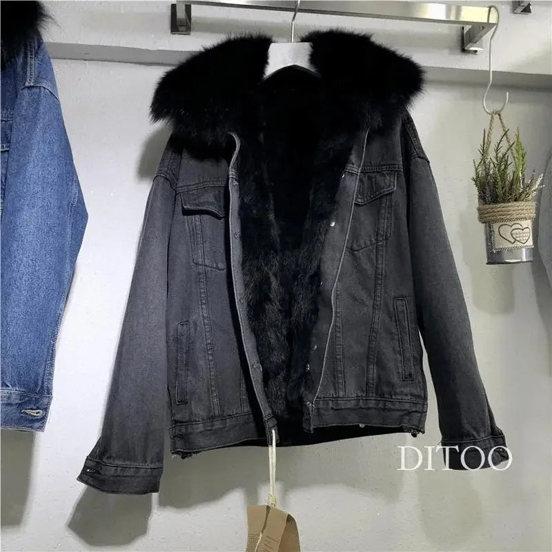 Frauen Denim Kosten Einreiher Taste Jacken Fleece Patchwork Strickjacke Taschen Oberbekleidung Casual Warm Solide Lose Fit