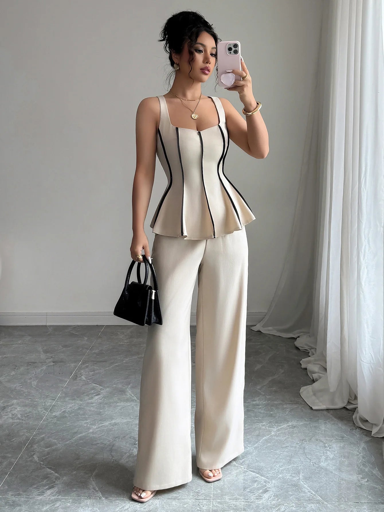 Two Piece Sets Women Pant Set Sleeveless Matching Sets Ruffles Tops Y2k Streetwear Elegant Work Wide Leg Long Pants High Waist.