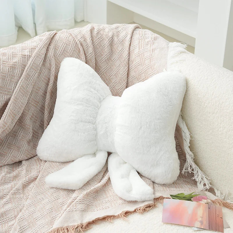 Pink bow ribbon couch pillow imitation rabbit fur comfortable car seat cushion ins style simple all-match back cushion.