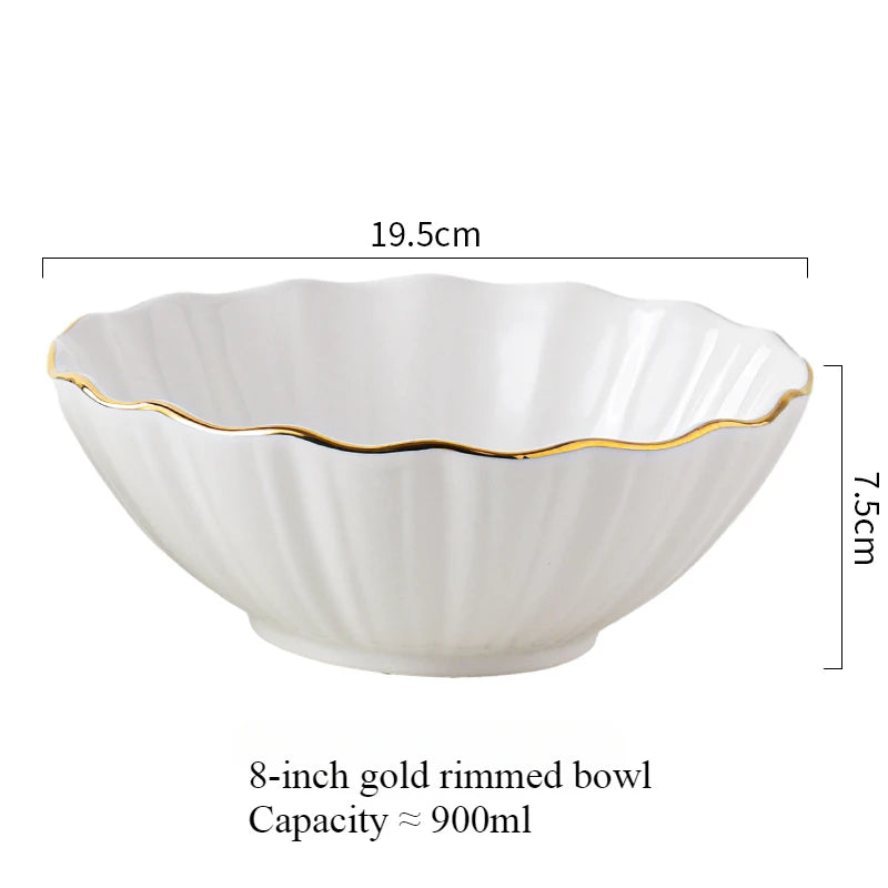 European high-end gold edged ceramic bowl, fruit salad bowl, household breakfast rice noodle bowl, hotel restaurant tableware