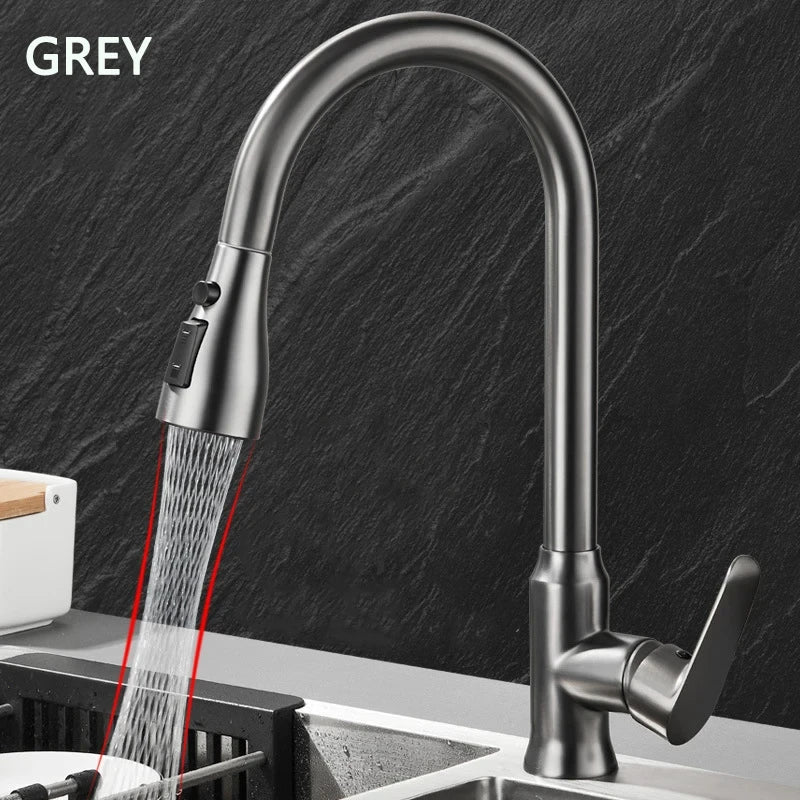 Kitchen faucet pull-out spray head 360 degree rotation hot and cold water pull-out black and silver single hole kitchen faucet