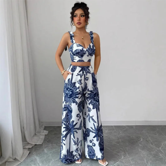 Sexy Strapback Halter Tops Long Pants Female 2-piece Set Summer Fashion Printed Wide-leg Pocket Trousers Elegant Women's Suit.