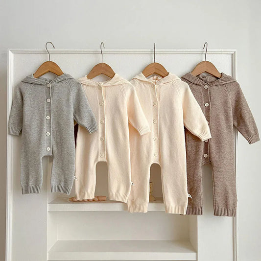 Herbst Winter Neugeborenen Baby Jungen Mädchen Gestrickte Overall Einfarbig Stricken Mit Kapuze Infant Baby Bodys Kinder Gestrickte Kleidung.