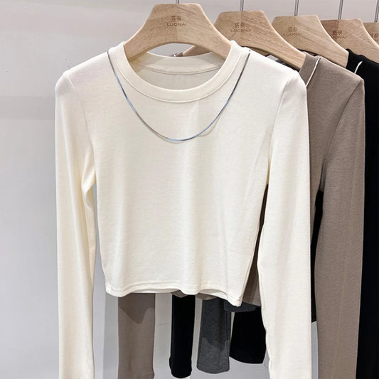Women Trendy Chain Link Autumn Fashion Slim Fit Cropped T-shirts 2025 Long Sleeve T-shirt Solid Simple Base Layer Crop Tops.