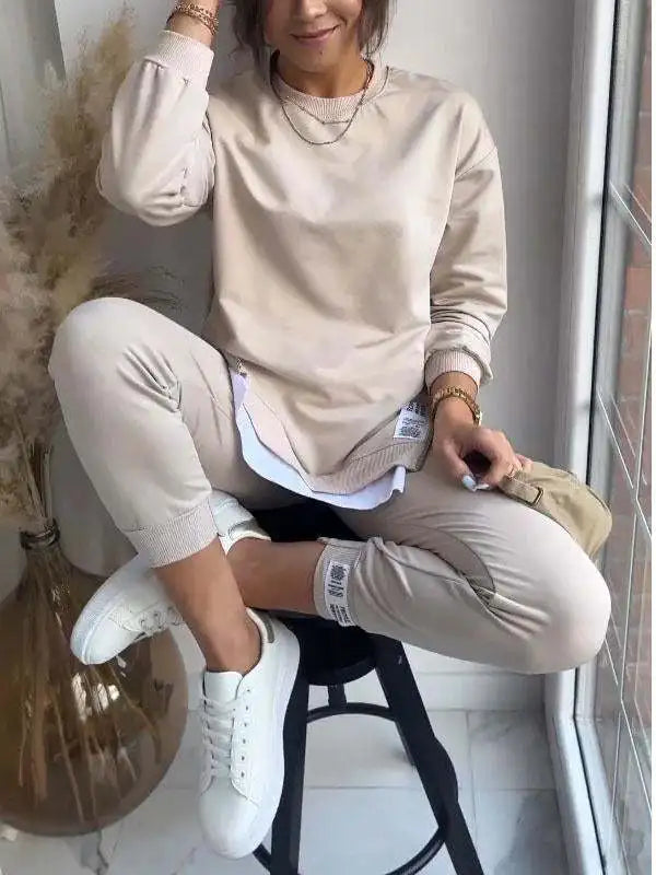 New Autumn Patchwork Loose Two Piece Set Women's Fashion Long Sleeve Pullover Suit Casual Hoodie Sports Pencil Pants Outfits.