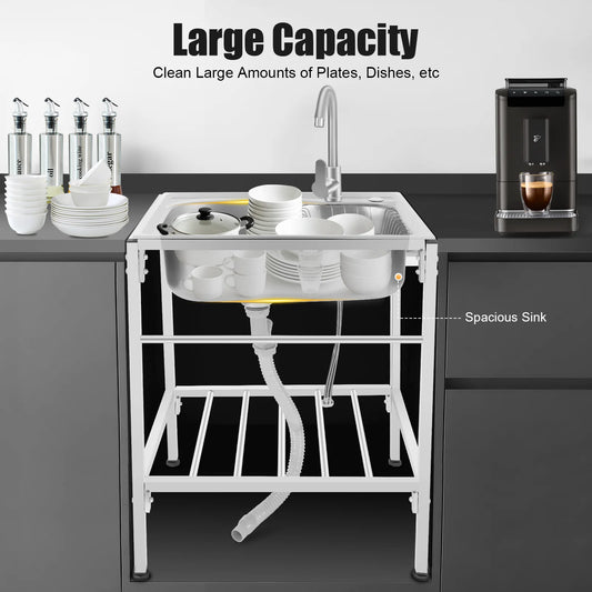 Edelstahl-Waschbecken mit Korb, einzelne Schüssel, kommerzielles Waschbecken, freistehendes Kalt- und Warmwasserhahn-Waschbecken für Küchen, Waschräume, Bars