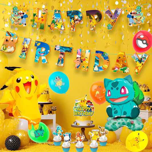 Pokemon-Geburtstagszubehör, 38-teilige Pokemon-Dekorationen – Pokemon-Banner, Luftballons, Tischdecke usw. Pikachu-Partydekorationen.