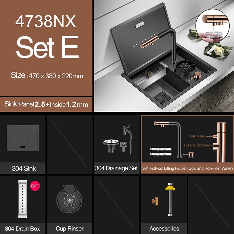 Nanometer Hidden Bar Island kitchen Sink 304 Stainless Steel Flip Cover Hidden Handmade Small Size kitchen Sinks With Cup Rinser