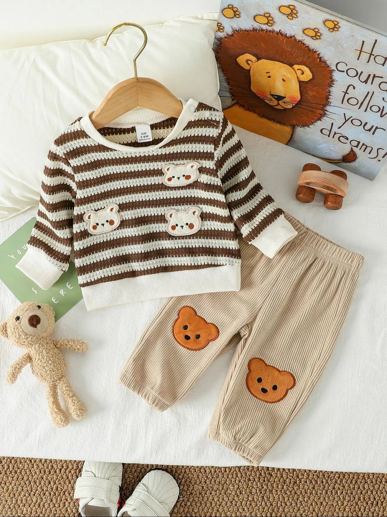 2Pcs Baby Neue Stil Mode Jungen Herbst Langarm Top Mit Gestreiften & Feste Hosen Mit Bär 1-3Y casual Daliy Tragen Kleidung Set.