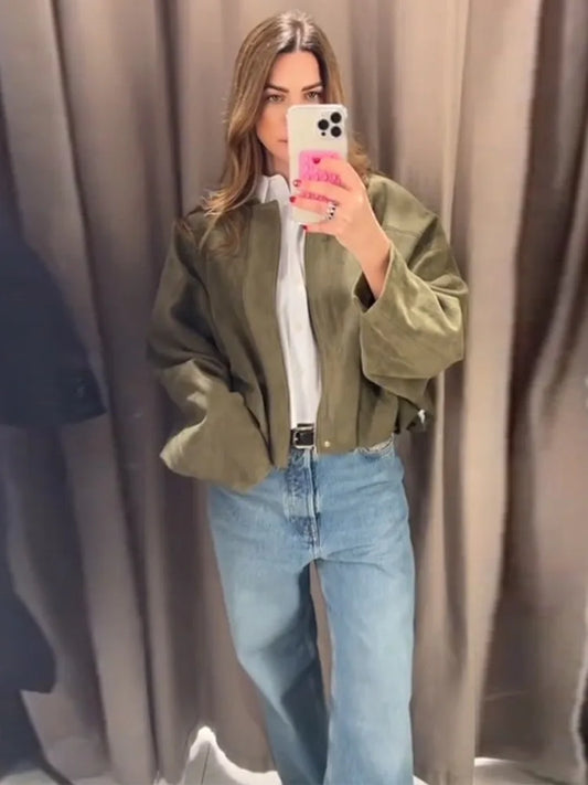 2025 herbst frauen Grün Wildleder Jacke Lose Revers Zipper Langarm Taschen Bomber Mantel Neue Mode Dame Dicke Streetwear.