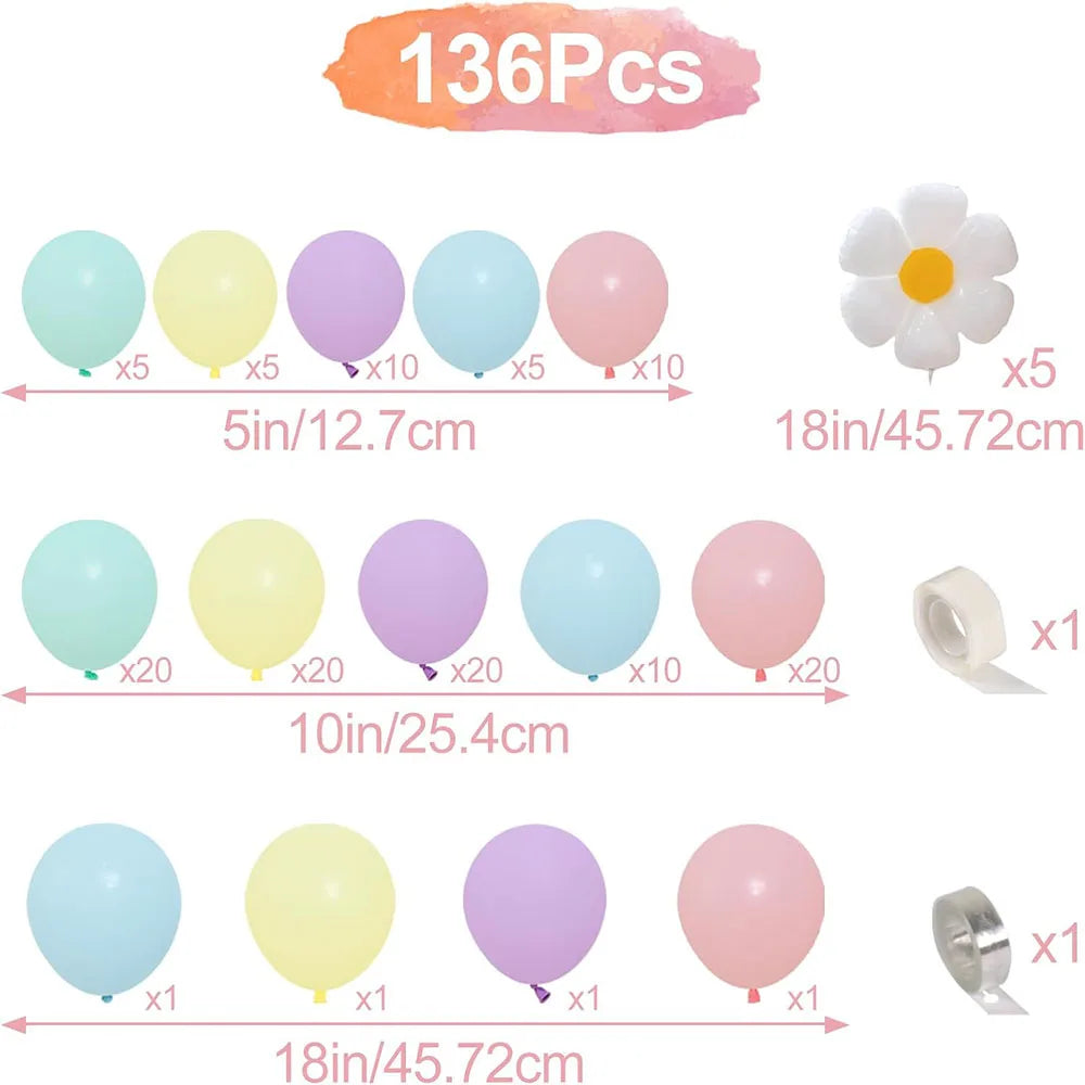 Gänseblümchen-Ballon-Girlanden-Bogen-Set, 136 Teile, weiß, modische Blumen, Macaron, Rosa, Gelb, Blau, Lila, Ballon, Geburtstag, Gänseblümchen-Thema, Hochzeit, zwei modische böhmische Party-Dekoration.